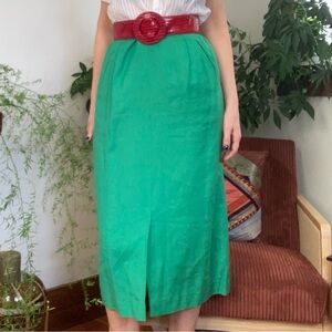 Vintage Green Midi Skirt – Linen Viscose Blend (Assumed)